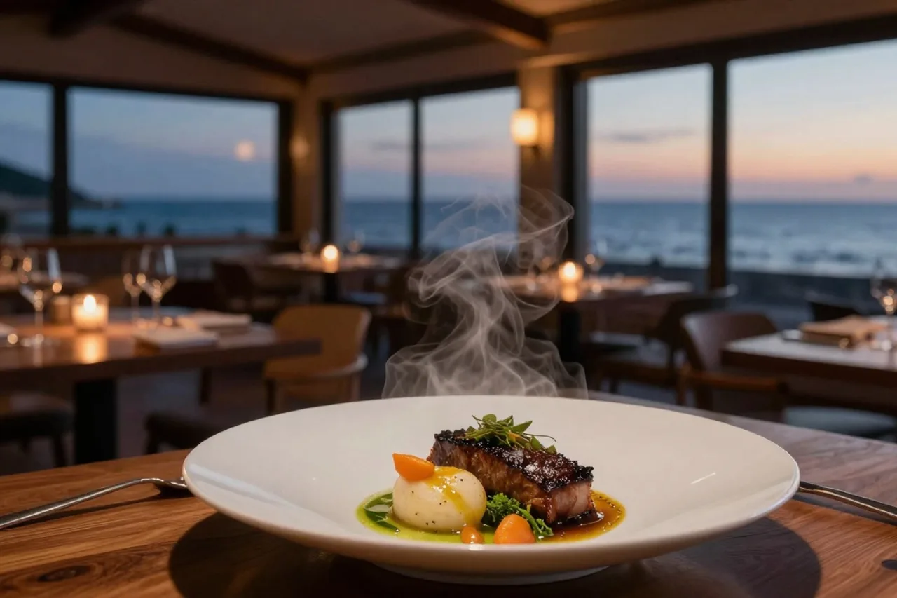 Salle du restaurant MARÉE HAUTE face à la baie de Pornichet au crépuscule
