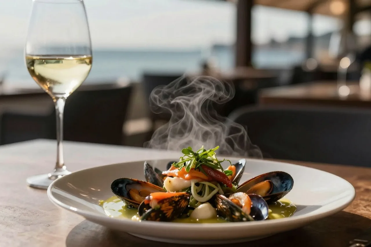 Verre de vin blanc et assiette de fruits de mer