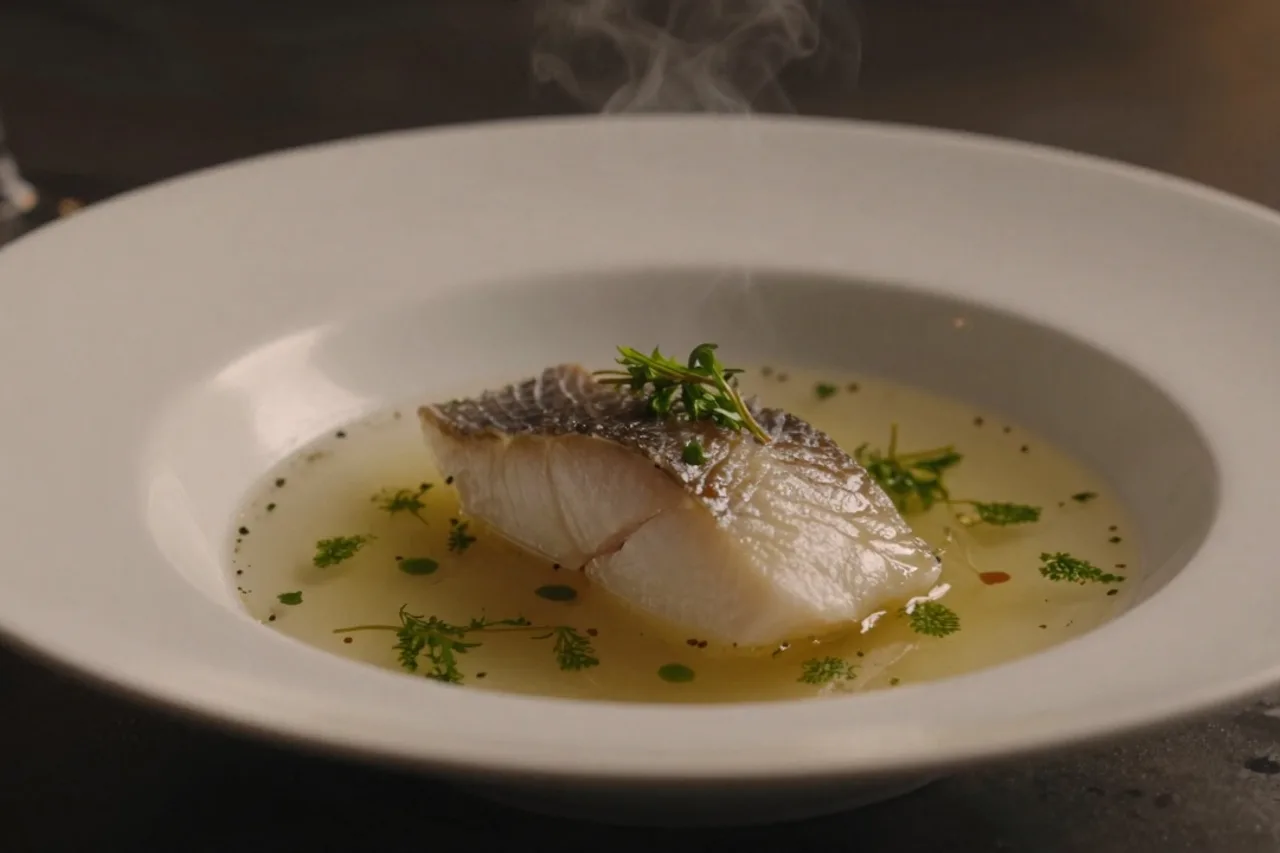 Bouillon d'algues clarifié au bar de ligne