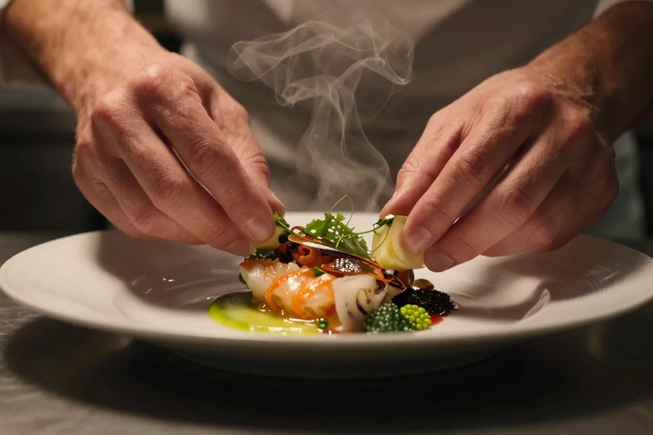 Le chef dresse une assiette de poisson en cuisine